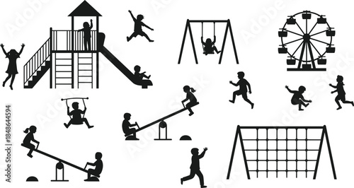 Children playground, silhouette, outdoor play, swings, slide, jungle gym, Ferris wheel, zip line, seesaw, climbing, fun, recreation, activity