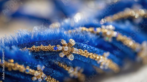 Close-up of a luxurious blue carnival mask adorned with gold beads and sparkling crystals. Intricate details of a vibrant blue masquerade mask featuring shimmering gold beadwork and faceted gemstones