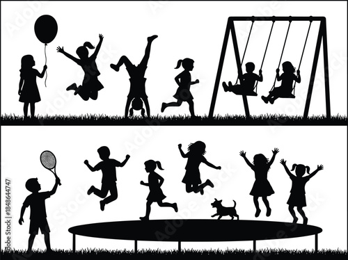 Children silhouettes playing outdoors in playground jumping swinging running with balloon trampoline and dog happy childhood illustration