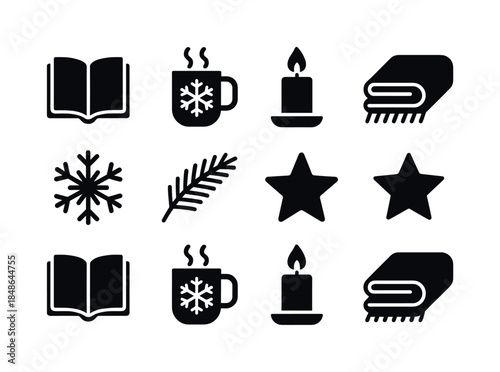 Festive Picnic Icons. Festive snow picnic set. Filled icon set of festive snow picnic set: thermos silhouette,