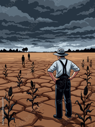 A farmer stands in a parched, cracked earth field with struggling crops under a stormy, ominous sky.