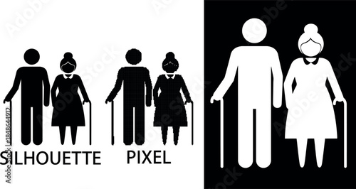 Deep maroon silhouettes and pixel depict an elderly couple in a simple vector design
