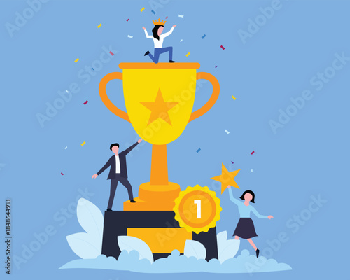Businessman with a trophy. Happy business employee team winners award ceremony. Team victory and success work achievement, champion celebration,  career success, leadership, winning award concept.