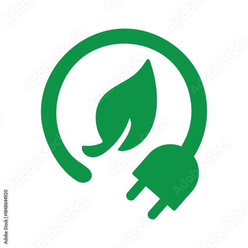 Eco Energy Plug and Leaf Icon in Green Flat Vector Style for Renewable Power and Sustainability Design