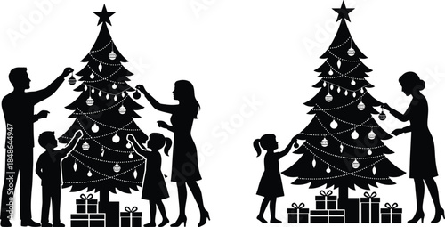 Christmas silhouette, family decorating trees, festive ornaments, wrapped gifts, holiday joy, winter celebration, black artwork, seasonal tradition, white background, cozy scene