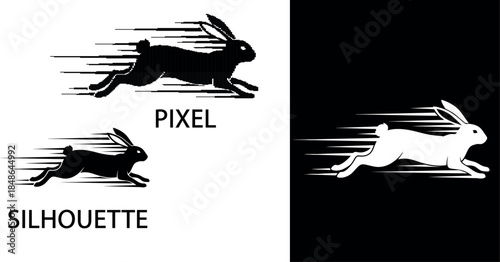 Minimalist white rabbit silhouette and pixel graphic with a pixelated running effect