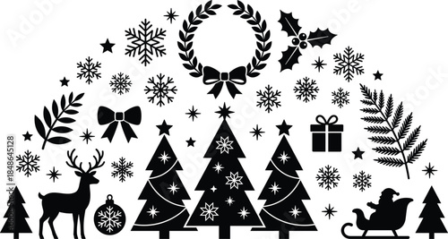 Christmas silhouette, festive trees, Santa sleigh, reindeer, snowflakes, holiday icons, gift box, wreath, ornament, winter celebration, black illustration