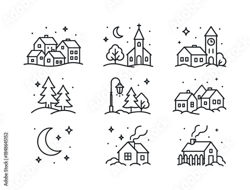 Santa's Icon Set. Santa’s gift delivery. Line outline icon set of Santa’s gift delivery: sleigh, sack of gifts