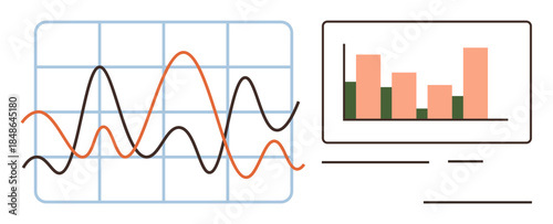 Line graphs illustrating fluctuating data trends next to bar graphs comparing metrics. Ideal for data analysis, statistics, comparison, forecasting, performance reviews, education, presentations. A