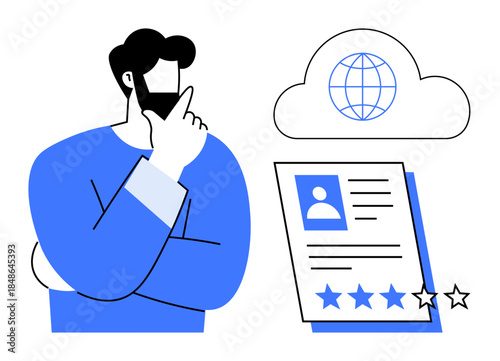 Man with hand on chin evaluating a cloud-based profile and star rating. Ideal for recruitment, career, review, evaluation, decision-making, online reputation, global perspective. Clean flat metaphor
