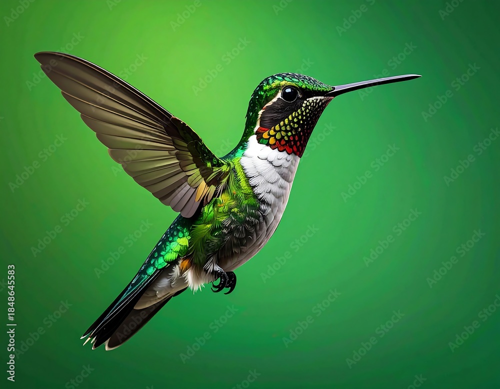 Naklejka premium A vibrant hummingbird in flight against a soft green gradient