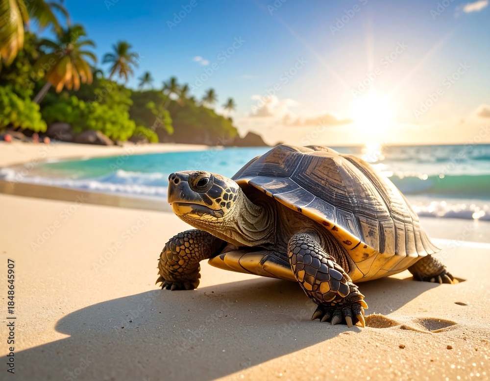 Obraz premium A turtle on a sunny, sandy beach with ocean and palms
