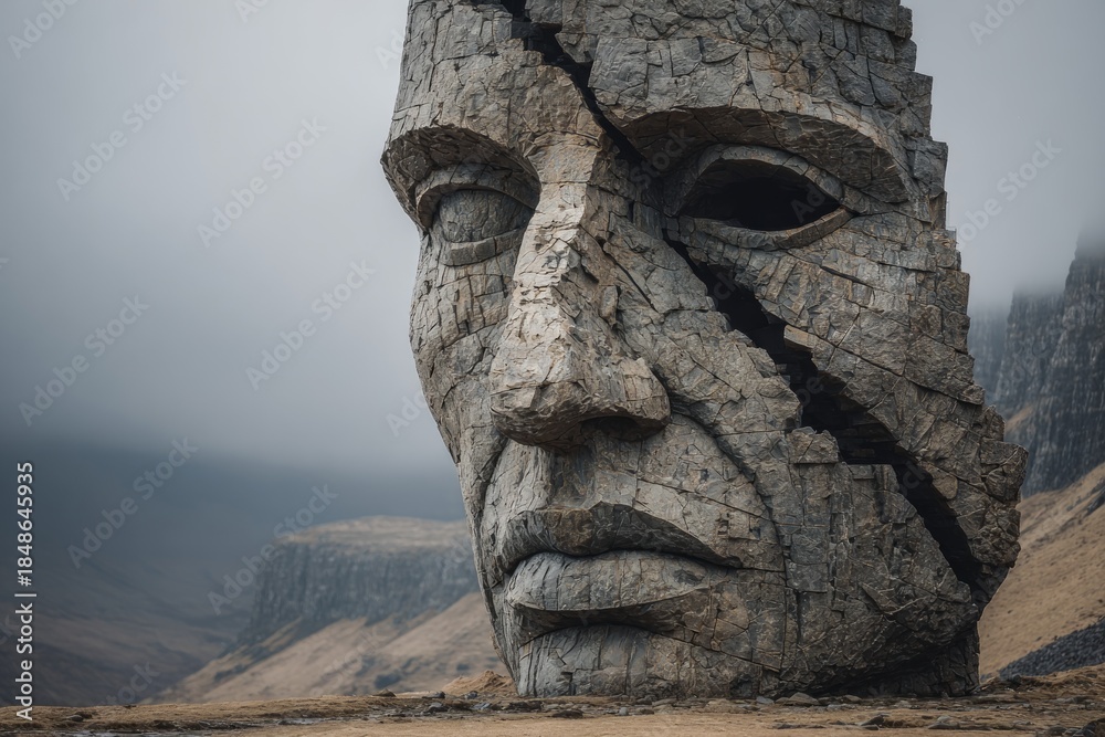 Fototapeta premium Cracked stone face sculpture standing in a desolate mountain landscape under a grey sky