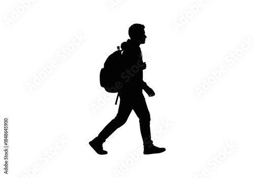 Silhouette of a Man Walking with Backpack.
