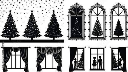 Christmas window scenes, festive silhouettes, decorated trees, children indoors, holiday joy, winter celebration, black artwork, cozy tradition, white background, seasonal illustration