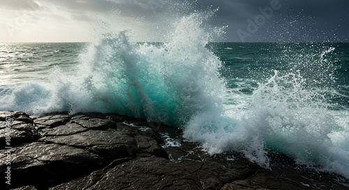 Powerful ocean waves crashing on rocky coast