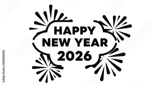 Festive new year graphic with fireworks and text in a dark silhouette