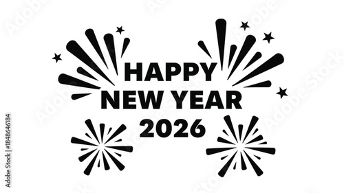 Festive new year celebration with fireworks and text in black silhouette