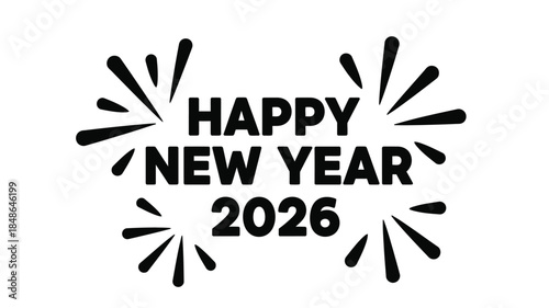 Happy new year 2026 text with radiating lines bold black silhouette