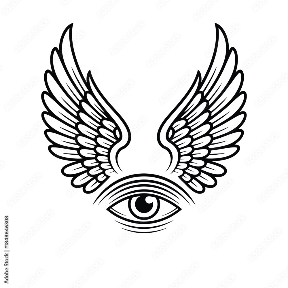 Obraz premium An eye with feathered wings a symbolic and intriguing black and white design