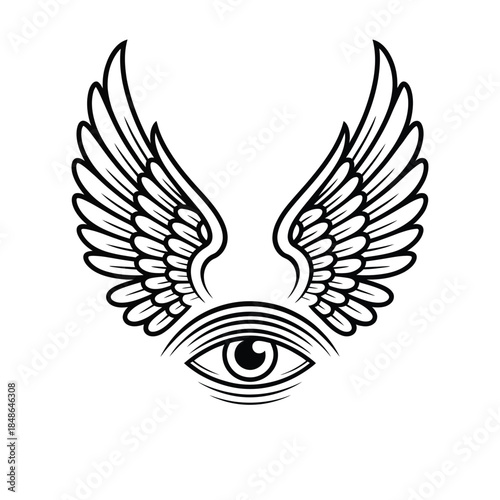 An eye with feathered wings a symbolic and intriguing black and white design