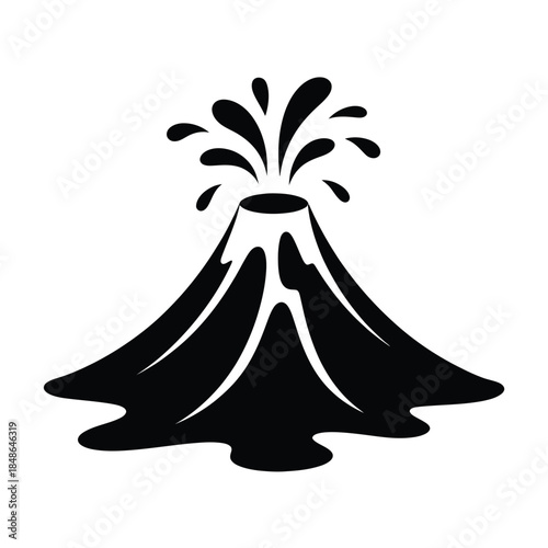 Black silhouette of an erupting volcano with flowing lava streams