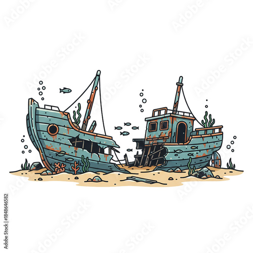 shipwrecked at the bottom of the sea, isolated on a white background.