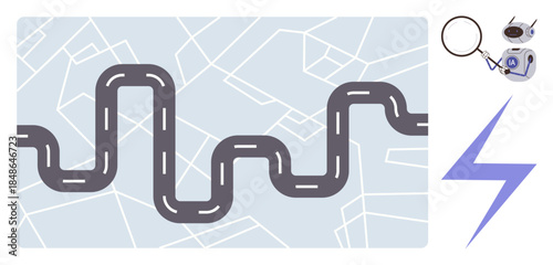 Winding road layered on map grid, magnifier analyzing AI robot, and lightning bolt. Ideal for navigation, travel, AI, innovation, research energy and exploration concepts. Simple flat metaphor
