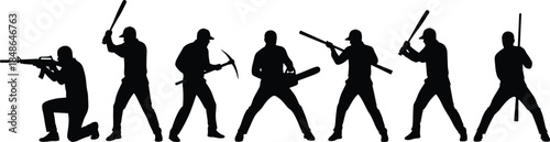 Criminal gang silhouettes holding weapons and bats, violent attack poses, crime threat concept, black vector illustration isolated on white background