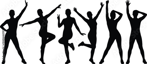 Dance silhouette sequence, expressive poses, artistic movement, black artwork, white background, graceful motion, dynamic stance, choreography study, fluid gesture, energy