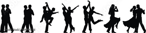 Dancing couple silhouettes performing romantic partner dances, elegant ballroom and social dance poses, men and women movement isolated on white background