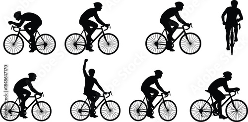 Cyclist silhouettes riding road bicycles, professional cycling sport poses, athletic riders training and racing isolated on white background concept