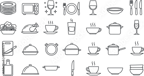 Kitchen Utensils and Tableware Outline Icon Set for Cooking Dinnerware and Restaurant Menu Design