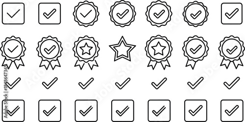 Black and White Check Mark Tick and Certificate Badge Icon Set for Quality Assurance and Approval