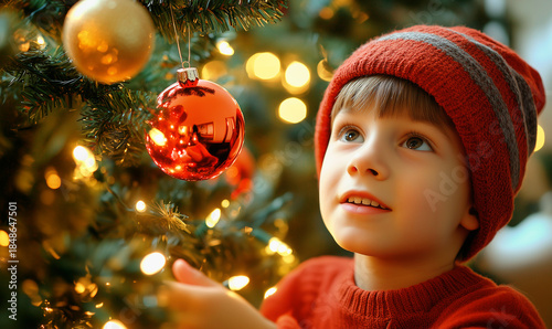 Happy child looking at Christmas Tree lights and festive decorations, generated AI