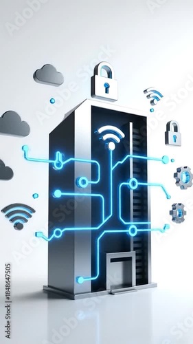 Abstract building with glowing blue circuits, Wi-Fi symbol, security locks, and gear