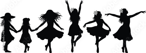 Dancing girls silhouette, playful poses, expressive movement, floral headpieces, black artwork, white background, joyful unity, childhood energy, graceful motion, fun scene