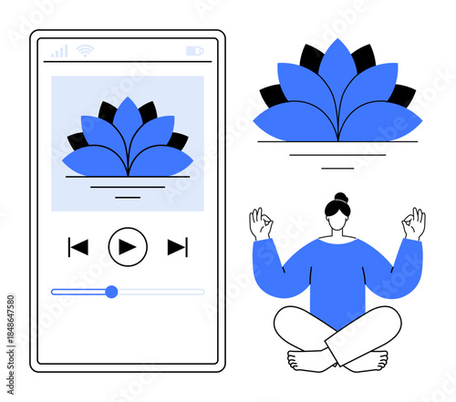 Wellness, mindfulness, meditation app, digital relaxation, stress relief, online yoga. Minimalist interface with lotus flower icon, meditating person in yoga pose. Wellness and mindfulness concept