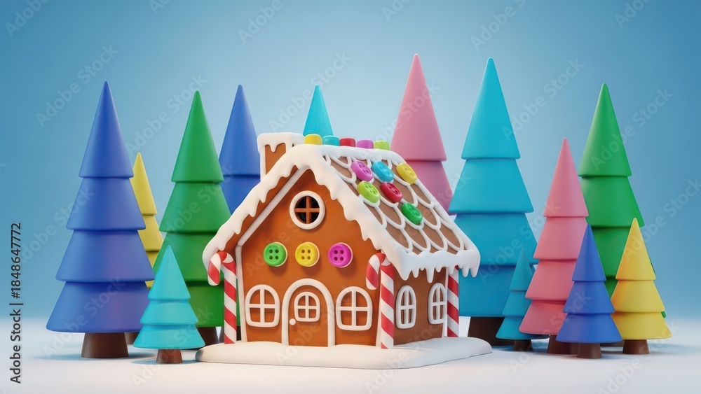 Fototapeta premium 3D Christmas gingerbread house with variety of colorful pine trees on blue background