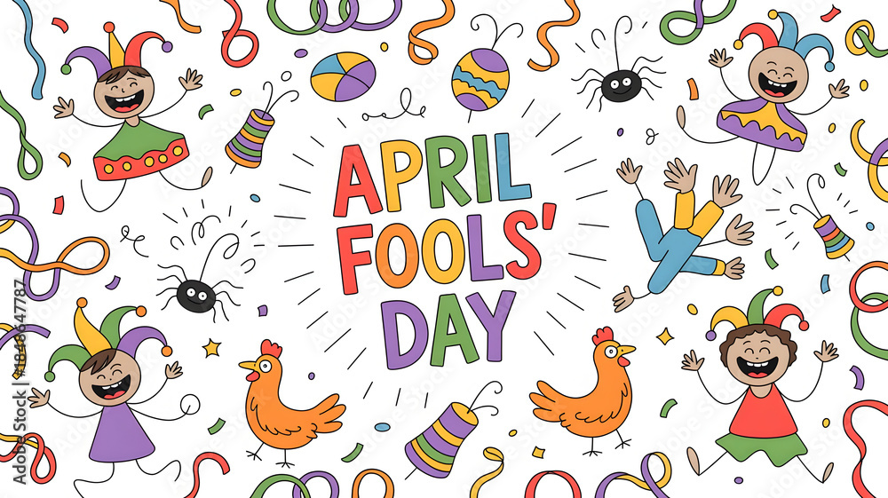 Fototapeta premium April fools day celebration with colorful cartoon characters and confetti