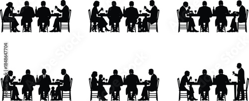 Dining, silhouette, people, table, food, drink, conversation, group, celebration, toast, family, formal, social, gathering, seated, interaction, meal, party, restaurant, event, children