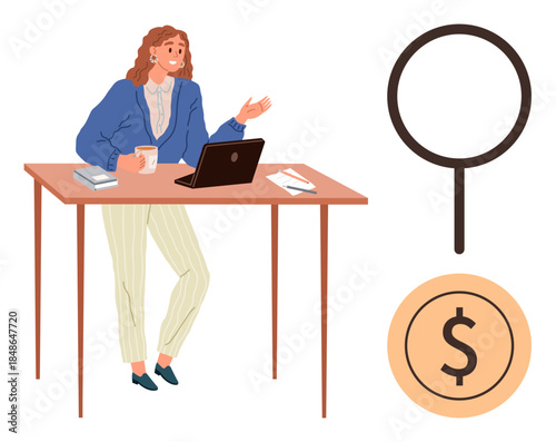 Woman talking into a headset, holding coffee, beside a laptop and papers. Magnifier and dollar coin imply search for financial knowledge. Ideal for business, online consulting, customer support