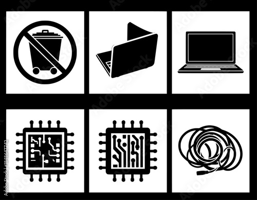 Collection of icons representing electronic waste disposal, laptops, computer chips, and cables for technology and recycling themes