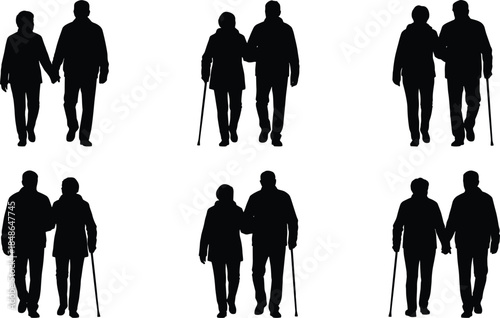 Elderly couple silhouettes walking together senior men and women support care companionship isolated black white illustration lifestyle concept