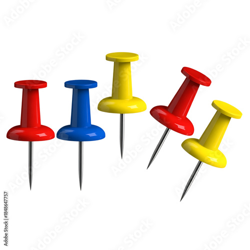 A set of colorful push pins arranged in a horizontal line on transparent background