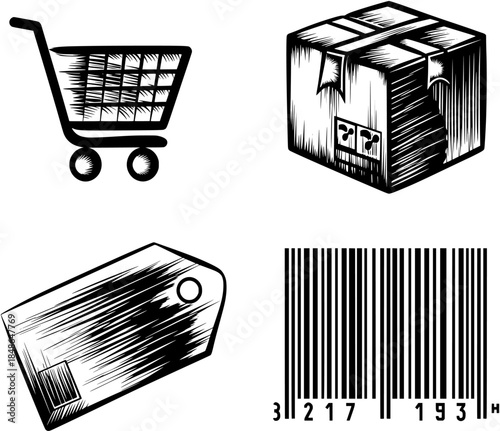 A collection of shopping and delivery icons including a shopping cart, delivery box, price tag, and barcode, symbolizing commerce and retail