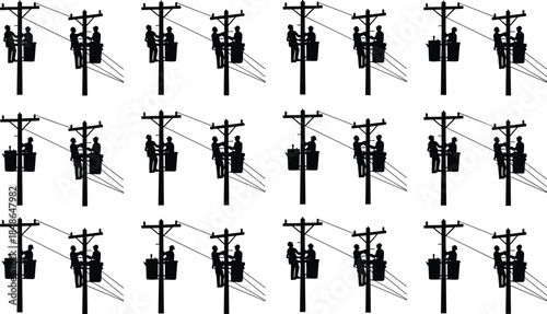 Electric utility workers silhouettes pattern repairing power lines on poles, teamwork maintenance, electrical infrastructure service, black vector illustration isolated
