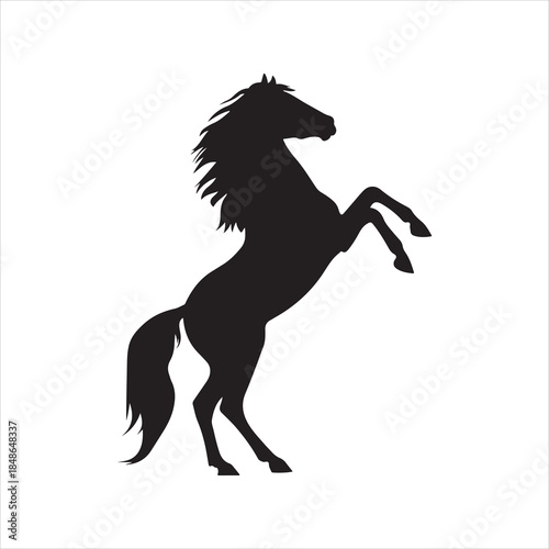 A rearing horse silhouette, A black silhouette of a horse rearing up on its hind legs, mane and tail flowing dramatically. 
