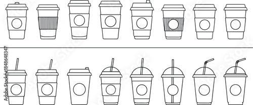 Coffee and Takeaway Drink Cup Outline Icon Set for Cafe Menu and Beverage Design