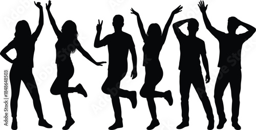Expressive silhouette poses, dancing and playful gestures, peace signs, lifted legs, black artwork, white background, joyful movement, individuality, celebration